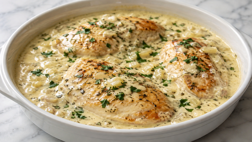 Mary Berry Chicken Taleggio with golden-browned chicken breasts in a creamy Taleggio sauce, onion, garlic, thyme and fresh parsley