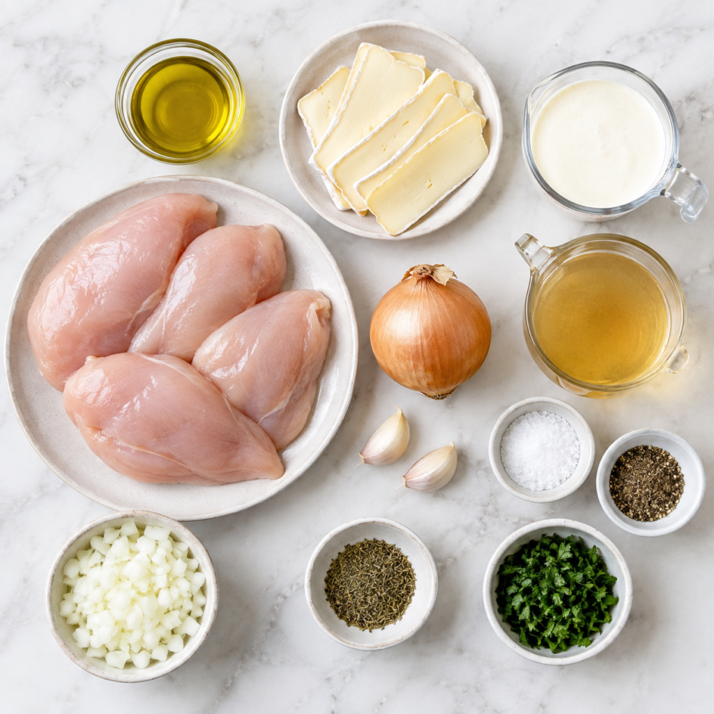 Ingredients for Mary Berry Chicken Taleggio including chicken breasts, Taleggio cheese, olive oil, onion, garlic, cream, chicken stock, salt, pepper, thyme and parsley