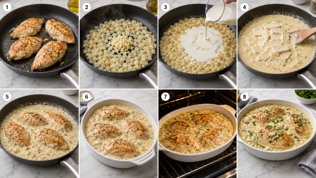 Mary Berry Chicken Taleggio cooking steps showing browned chicken, creamy sauce, melted Taleggio, baking and parsley garnish