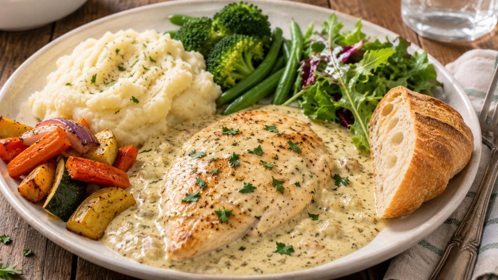 Mary Berry Chicken Taleggio served with mashed potatoes, roasted vegetables, green vegetables, salad, crusty bread and fresh parsley