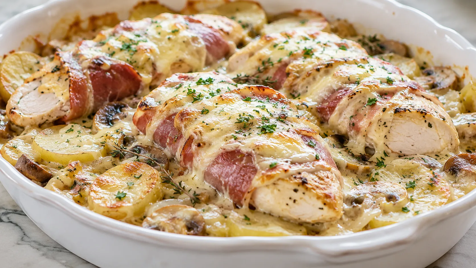 Mary Berry Chicken Tartiflette Recipe with chicken, potatoes, creamy sauce and melted cheese