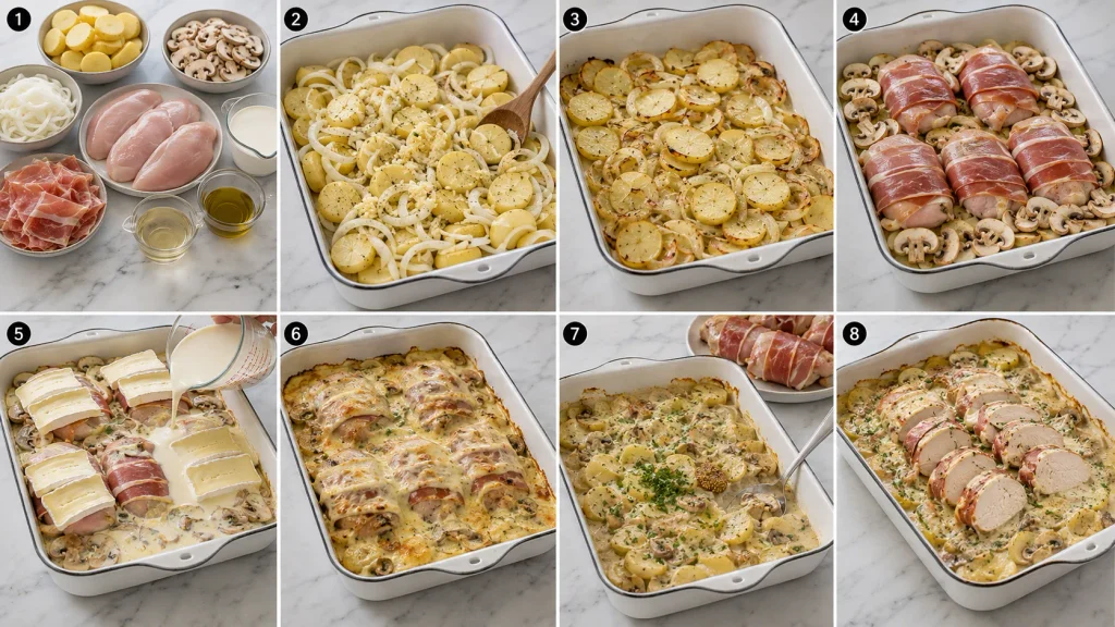 Mary Berry Chicken Tartiflette Recipe cooking steps with roasted potatoes, chicken and creamy cheese sauce