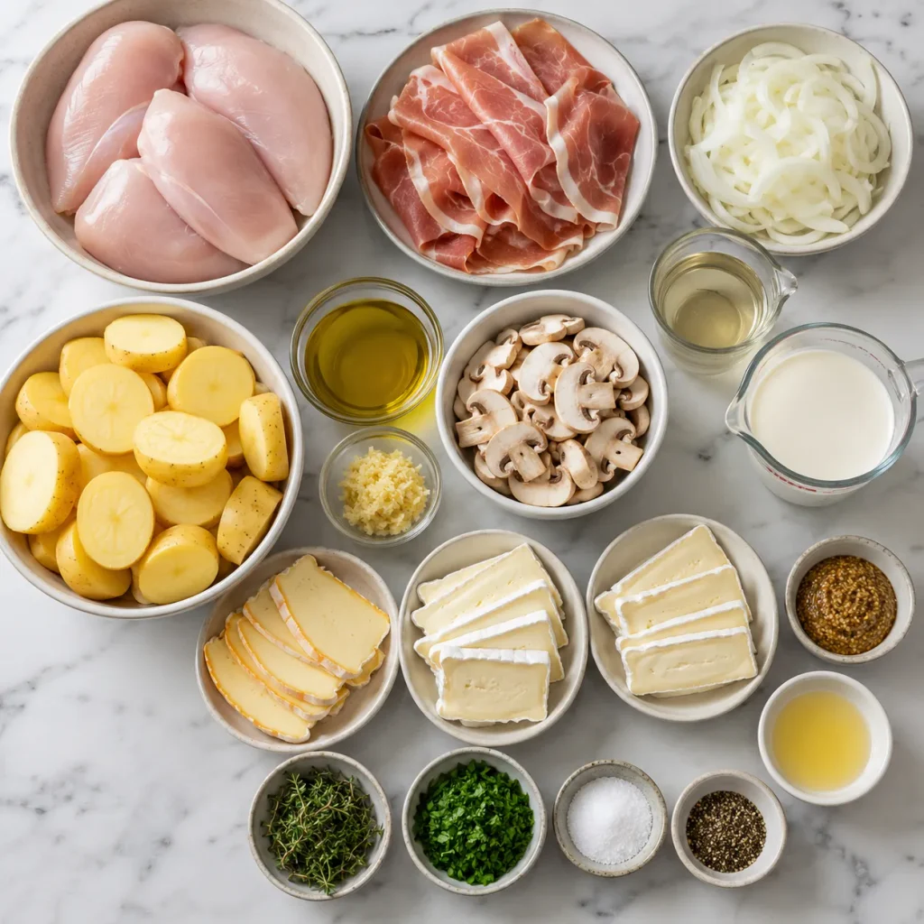 Ingredients for Mary Berry Chicken Tartiflette Recipe arranged for preparation