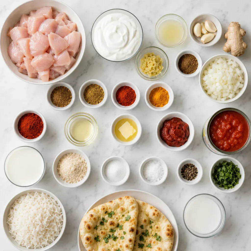Ingredients for Mary Berry Chicken Tikka Masala arranged in a flat lay, including diced chicken, yogurt, spices, tomatoes, onion, cream, coriander, basmati rice and naan