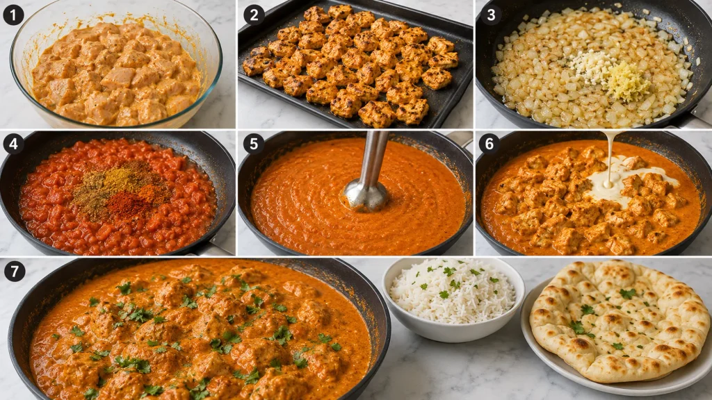Mary Berry Chicken Tikka Masala cooking process showing marinated chicken, baked chicken, sautéed onions and aromatics, tomato sauce, blended sauce, creamy chicken curry and final serving
