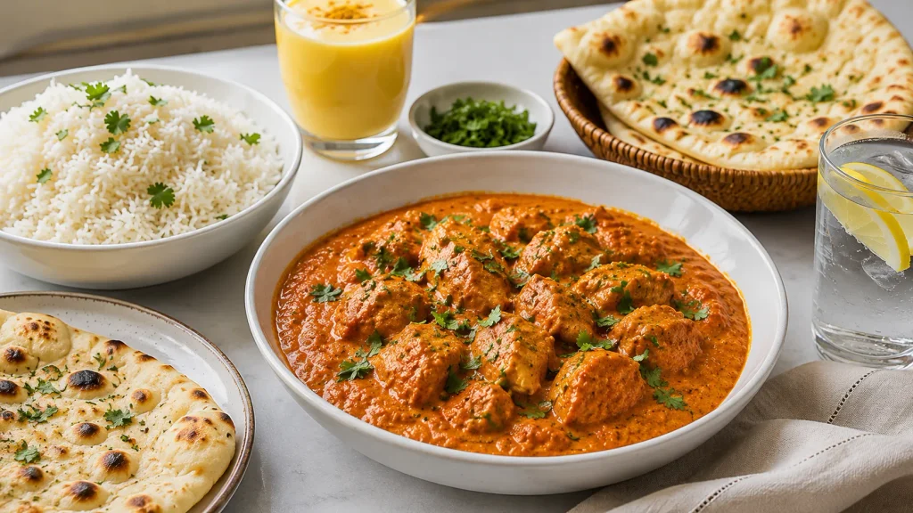 Mary Berry Chicken Tikka Masala served with basmati rice, warm naan, fresh coriander garnish and a glass of mango lassi