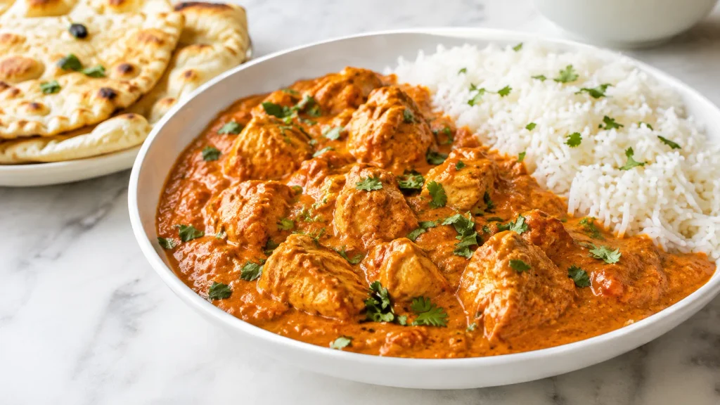 Mary Berry Chicken Tikka Masala with tender chicken in a creamy orange-red tomato sauce, garnished with fresh coriander and served with basmati rice and naan