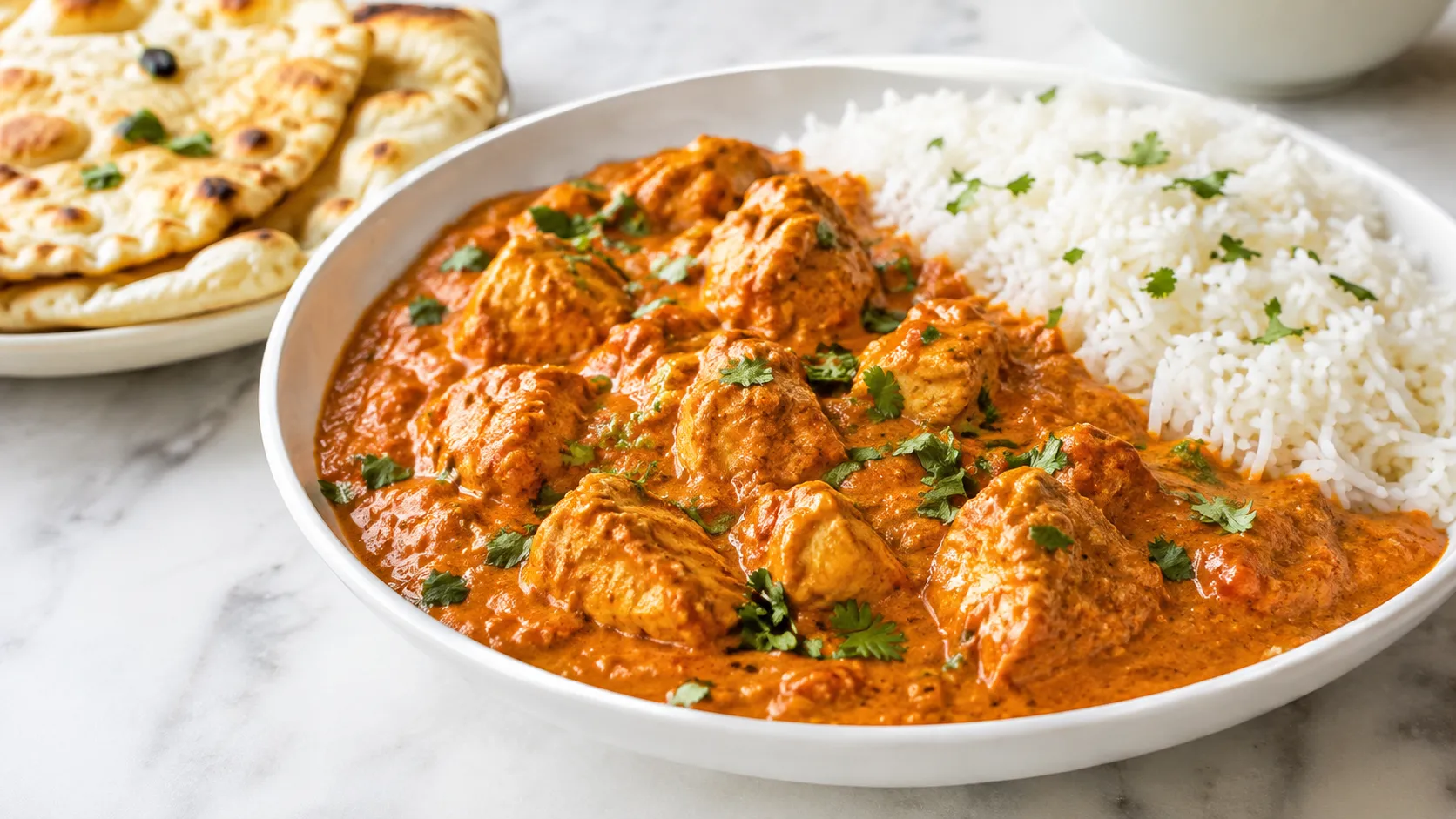 Mary Berry Chicken Tikka Masala with tender chicken in a creamy orange-red tomato sauce, garnished with fresh coriander and served with basmati rice and naan