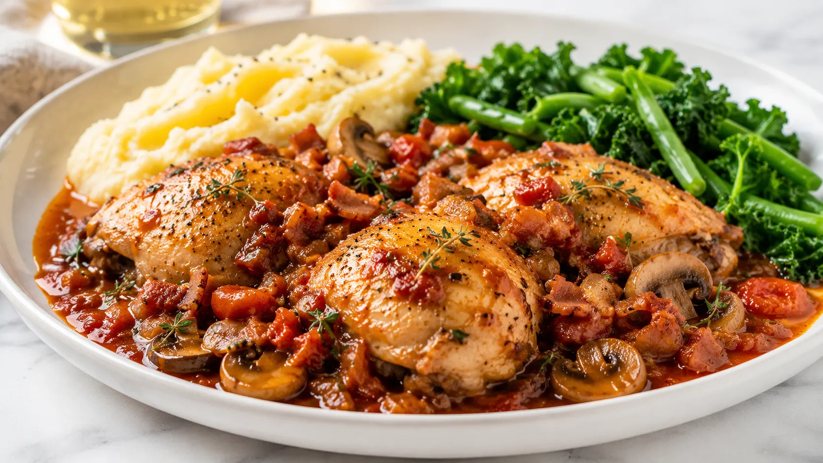 Mary Berry Chicken Valencia with tender chicken thighs, tomato sauce, bacon, mushrooms and thyme, served with mashed potatoes and green vegetables