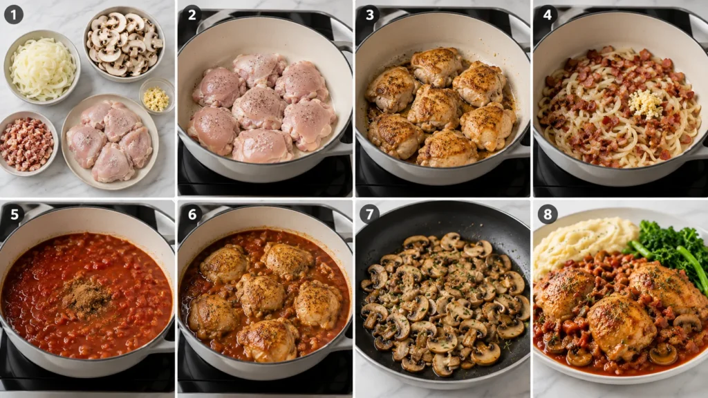 Step-by-step cooking process for Mary Berry Chicken Valencia showing chicken browning, bacon and onions cooking, tomato sauce simmering, mushrooms frying and final serving