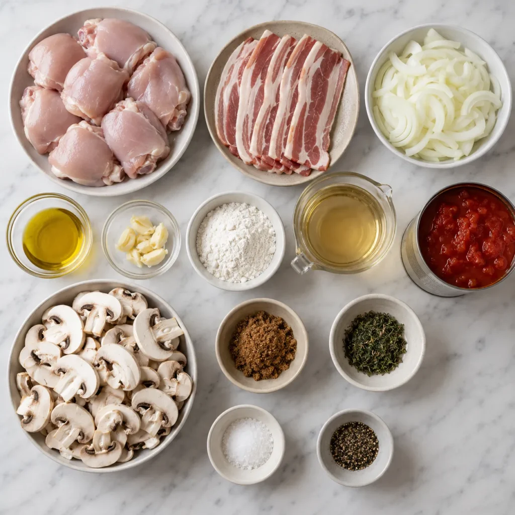Ingredients for Mary Berry Chicken Valencia including chicken thighs, smoked bacon, onions, garlic, mushrooms, tomatoes, white wine, flour, muscovado sugar and thyme