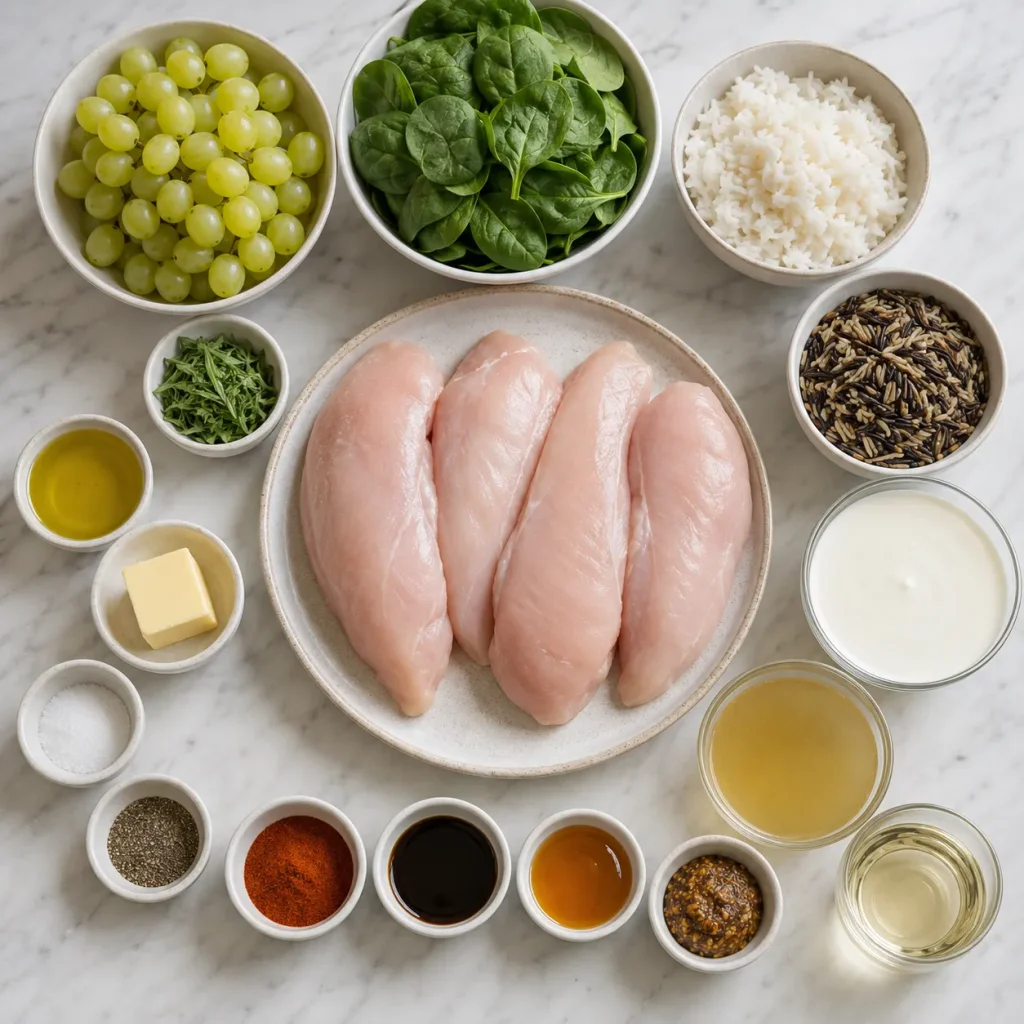 Ingredients for Mary Berry Chicken Veronique including chicken breasts, white grapes, cream, tarragon, spinach and rice