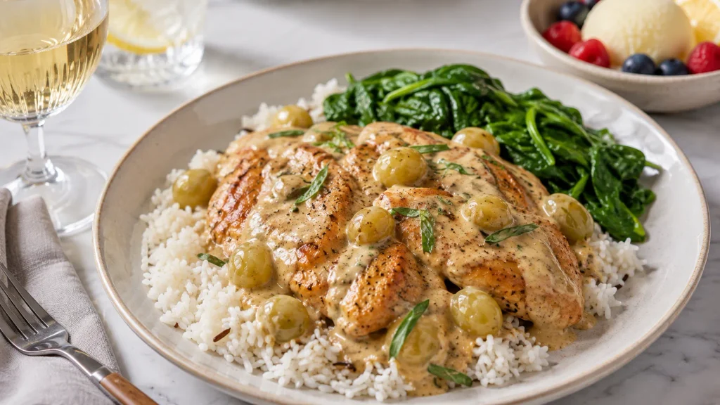Mary Berry Chicken Veronique served with creamy grape sauce, rice, young spinach and fresh tarragon