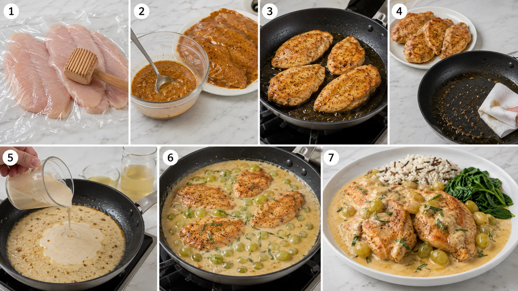 Step-by-step preparation of Mary Berry Chicken Veronique from tenderizing and marinating chicken to making the creamy grape sauce
