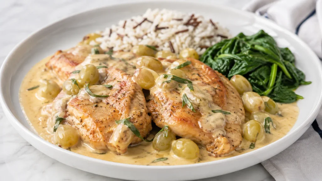 Mary Berry Chicken Veronique with golden chicken breasts, creamy white grape sauce and fresh tarragon