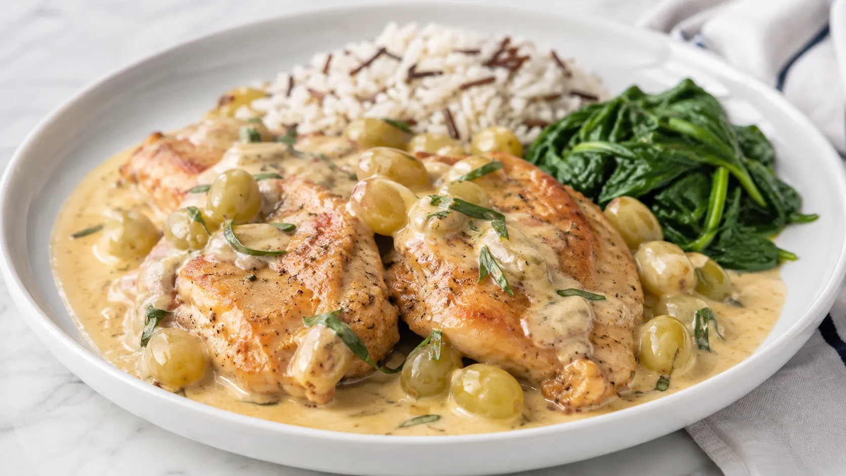 Mary Berry Chicken Veronique with golden chicken breasts, creamy white grape sauce and fresh tarragon