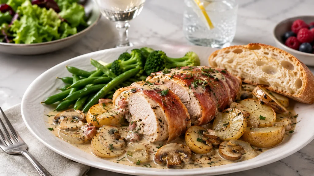 Mary Berry Chicken Wrapped in Parma Ham Recipe served with creamy sauce and vegetables
