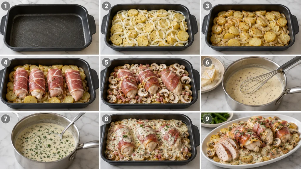 Step-by-step preparation of chicken wrapped in Parma ham with vegetables and creamy sauce