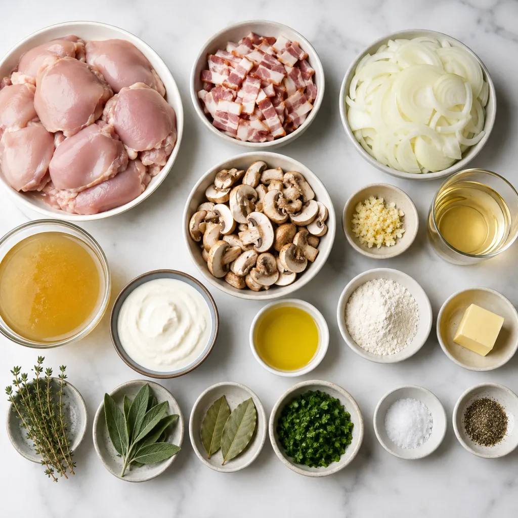 Ingredients for Mary Berry Chicken and Bacon Casserole arranged for cooking