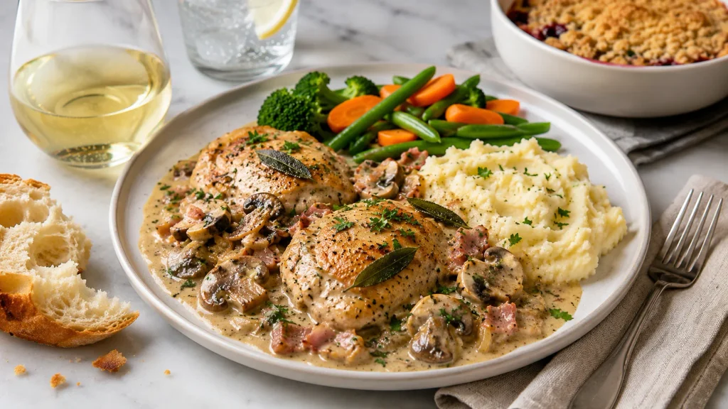 Mary Berry Chicken and Bacon Casserole served with parsley and crispy sage