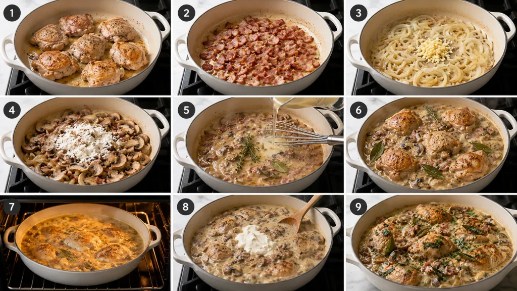 Step-by-step preparation of Mary Berry Chicken and Bacon Casserole