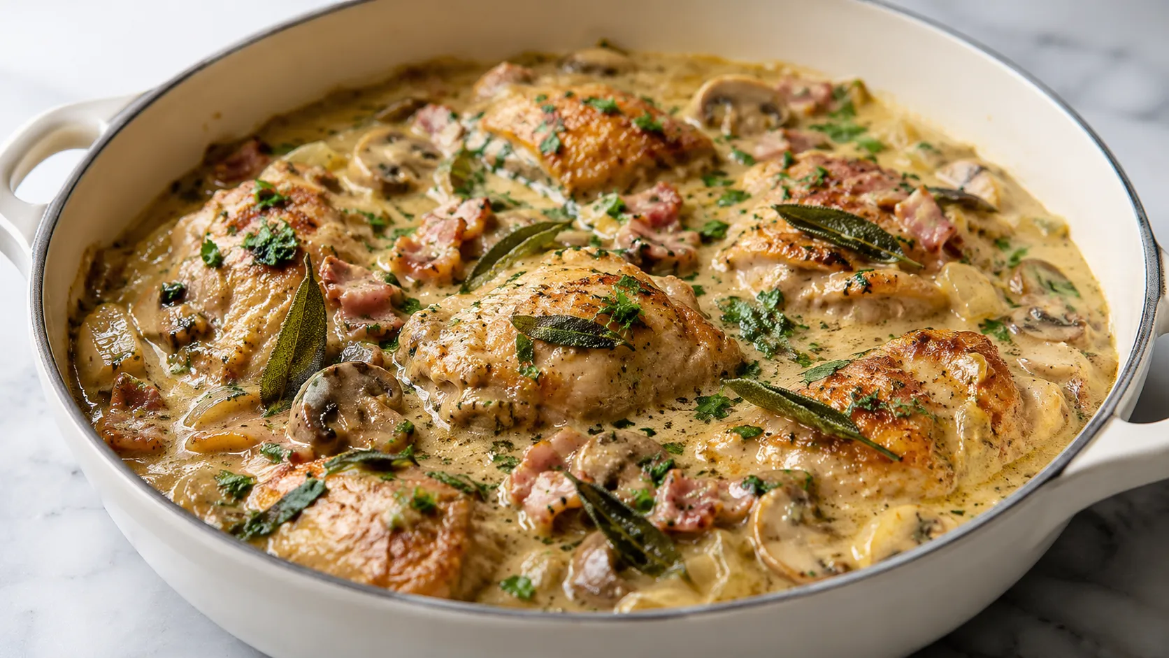Mary Berry Chicken and Bacon Casserole with creamy sauce and crispy sage