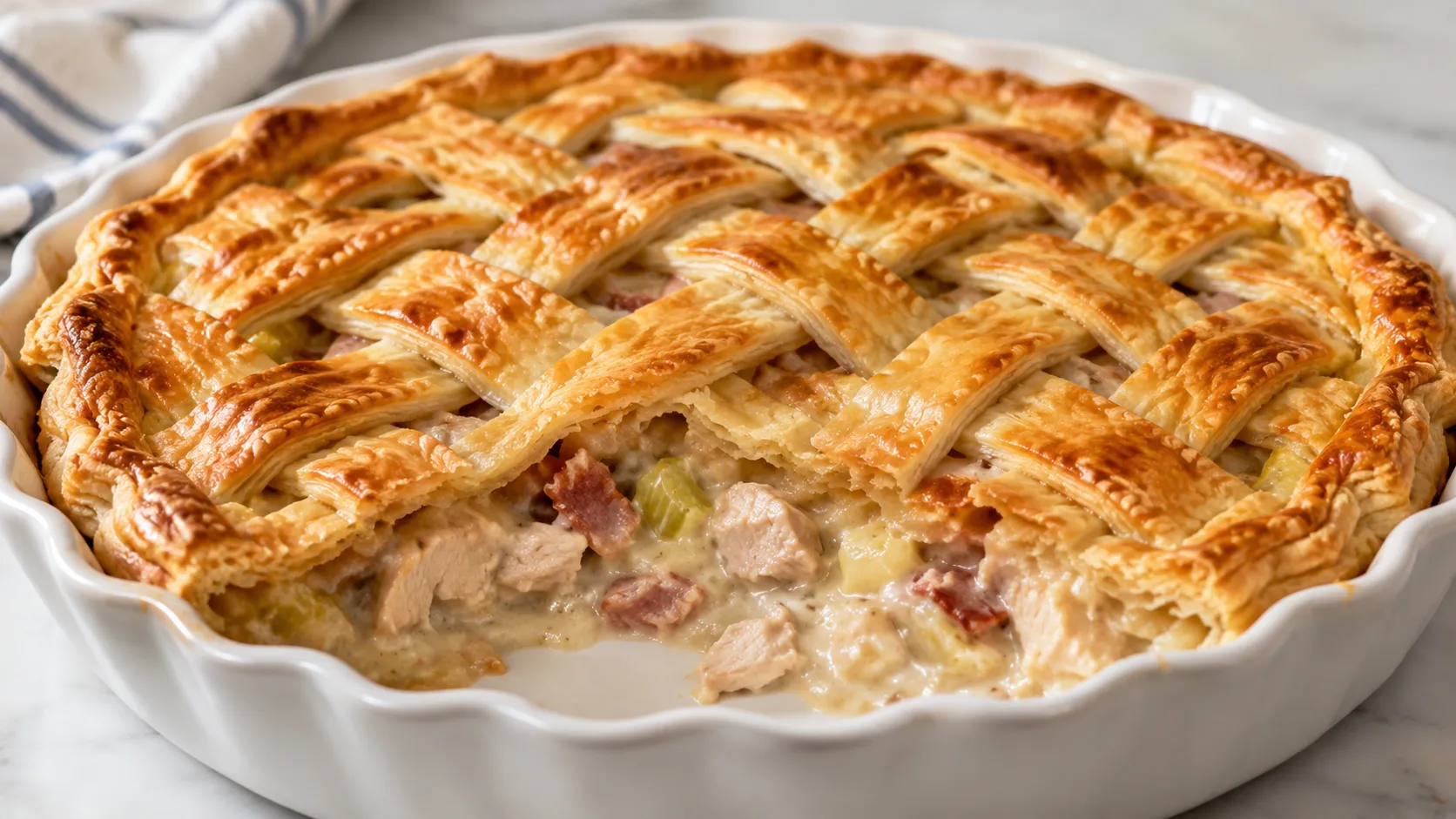 Mary Berry Chicken and Bacon Pie with golden puff pastry lattice and creamy chicken, smoked bacon, and celery filling