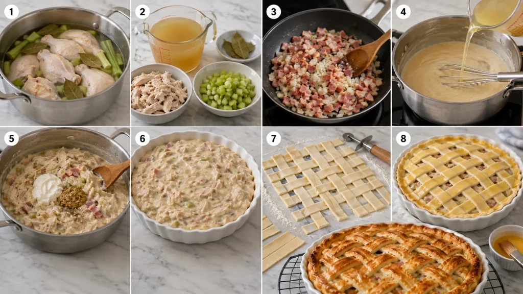 Mary Berry Chicken and Bacon Pie with golden puff pastry lattice and creamy chicken, smoked bacon, and celery filling