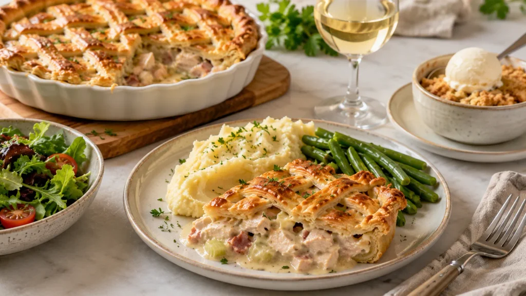 Mary Berry Chicken and Bacon Pie with golden puff pastry lattice and creamy chicken, smoked bacon, and celery filling