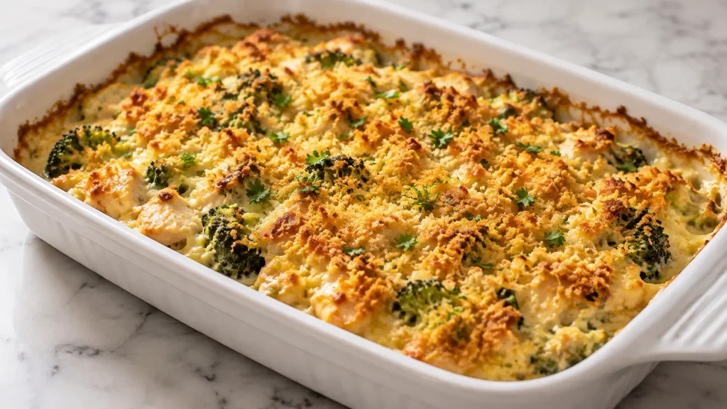 Mary Berry Chicken and Broccoli Bake with creamy cheese sauce and golden breadcrumb topping