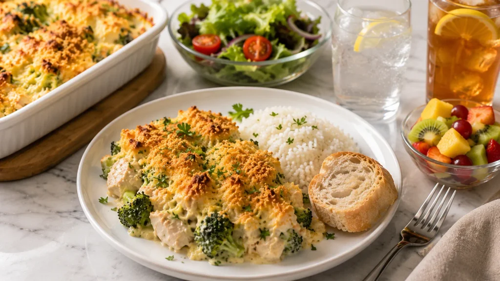 Chicken and Broccoli Bake served hot with a golden topping and fresh parsley garnish