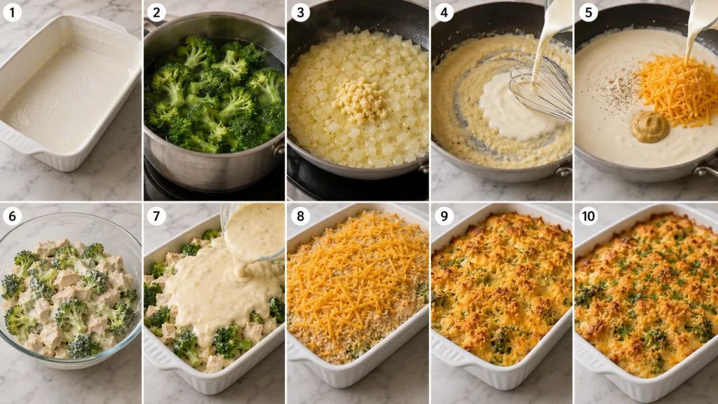 Step-by-step preparation of Mary Berry Chicken and Broccoli Bake with broccoli, cheese sauce, and chicken