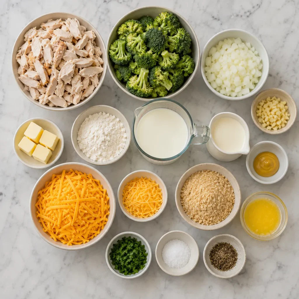 Ingredients for Mary Berry Chicken and Broccoli Bake arranged in a flat lay