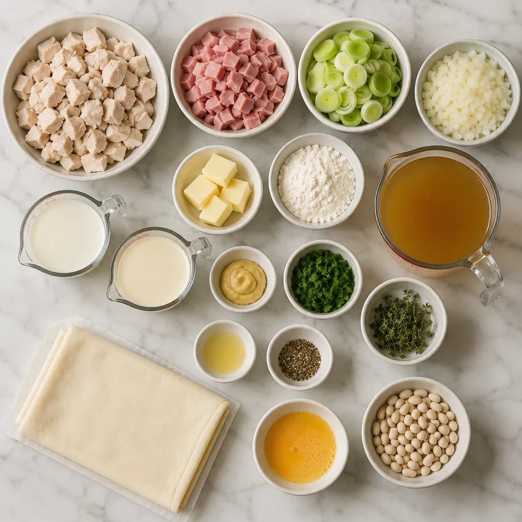 Ingredients for Mary Berry Chicken and Ham Pie including chicken, ham, leeks, onion and pastry