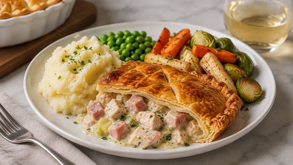Mary Berry Chicken and Ham Pie served with mashed potatoes, peas and roasted vegetables