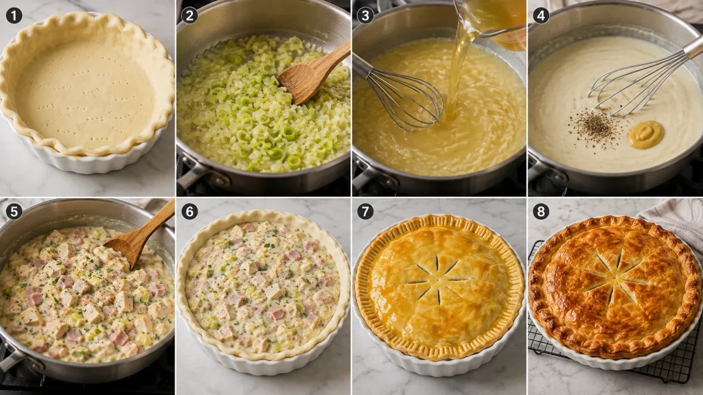 Step-by-step preparation of Mary Berry Chicken and Ham Pie with creamy filling and pastry