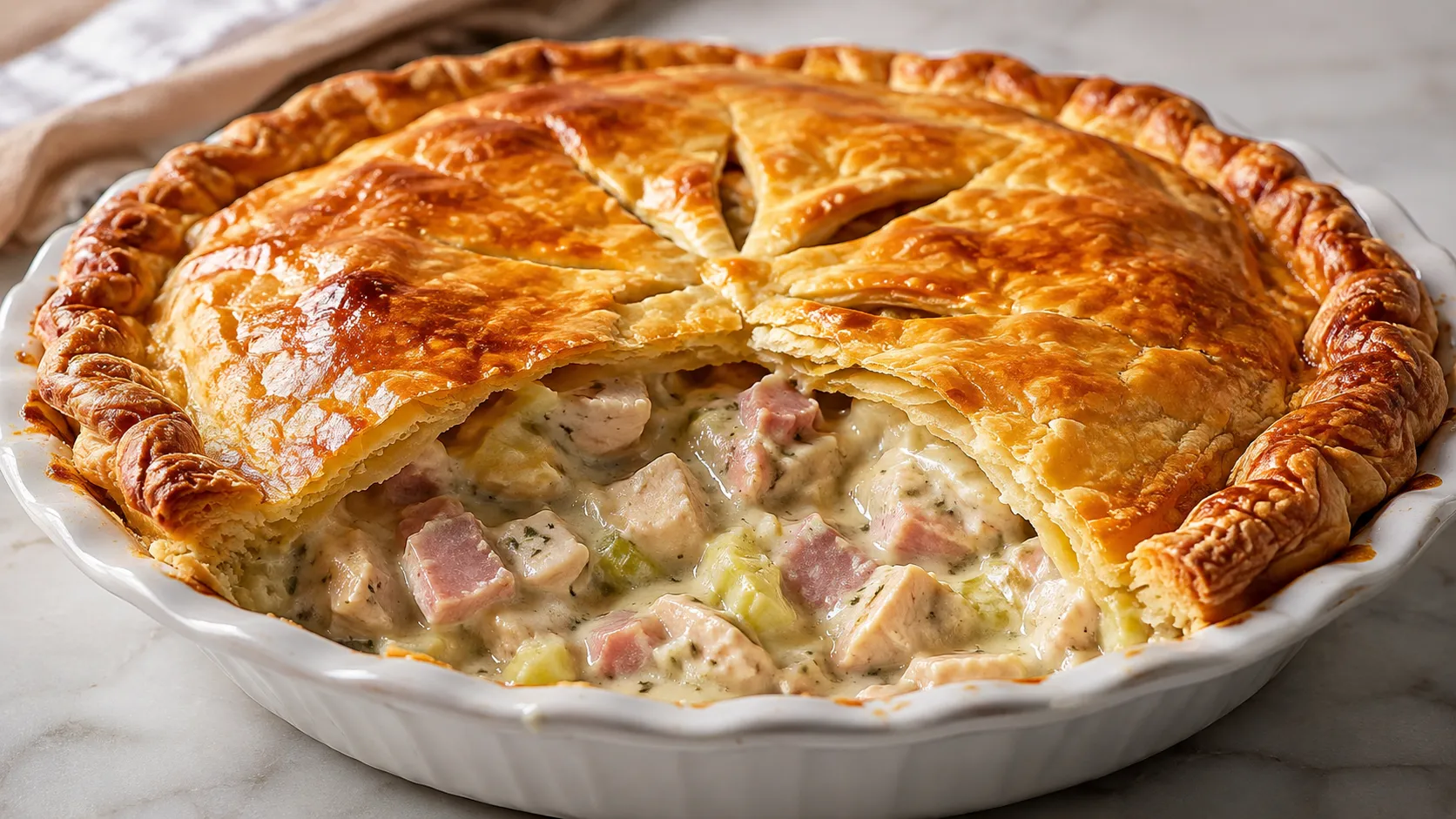 Mary Berry Chicken and Ham Pie with creamy chicken and ham filling and golden pastry