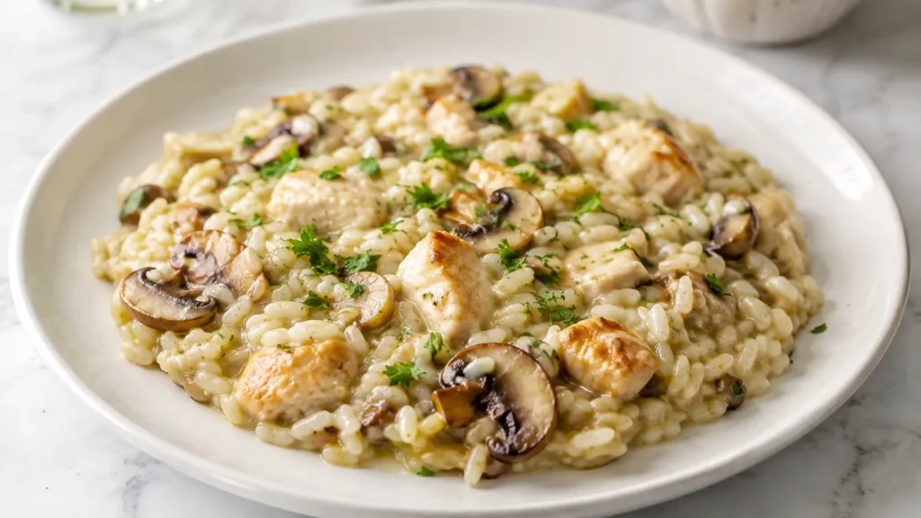 Mary Berry Chicken and Mushroom Risotto served on a plate with creamy Arborio rice, tender chicken, browned mushrooms, Parmesan and fresh parsley.