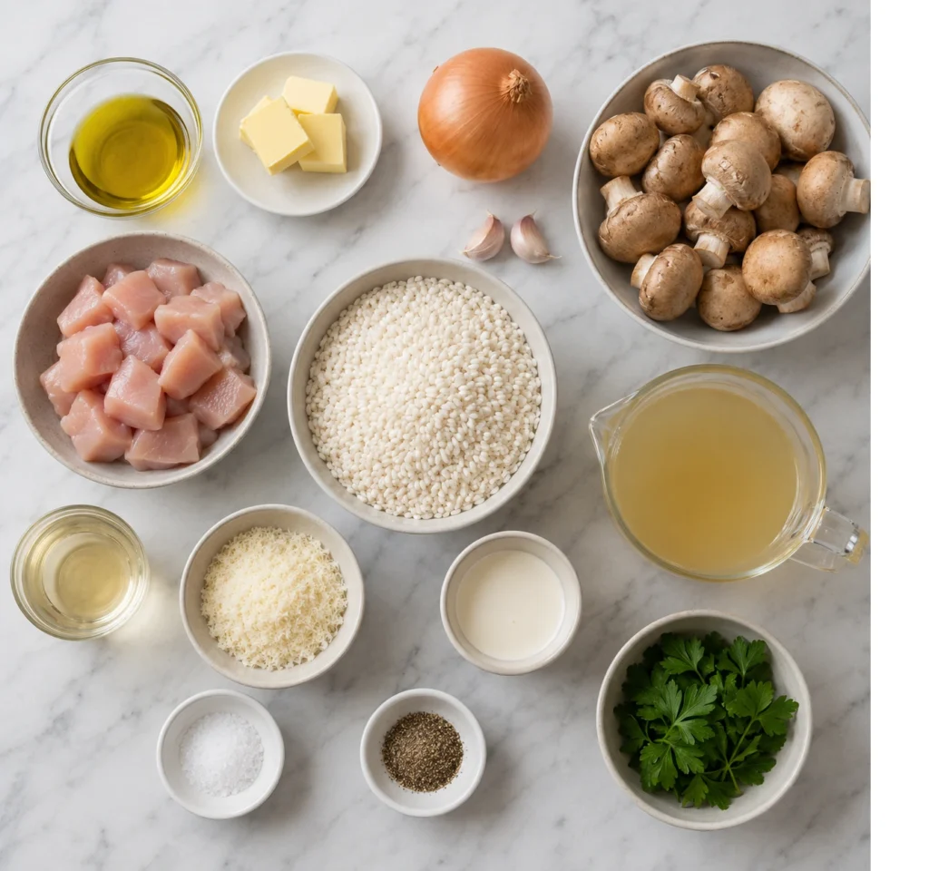 Ingredients for Mary Berry Chicken and Mushroom Risotto including Arborio rice, chicken, mushrooms, Parmesan, onion, garlic and fresh parsley.