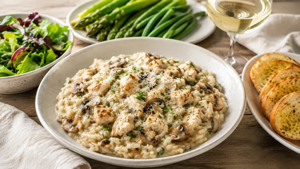 Creamy Mary Berry Chicken and Mushroom Risotto beautifully plated and garnished with fresh parsley and Parmesan.