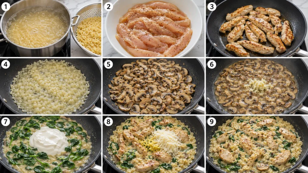 Mary Berry Chicken and Orzo Recipe cooking process in step-by-step panels