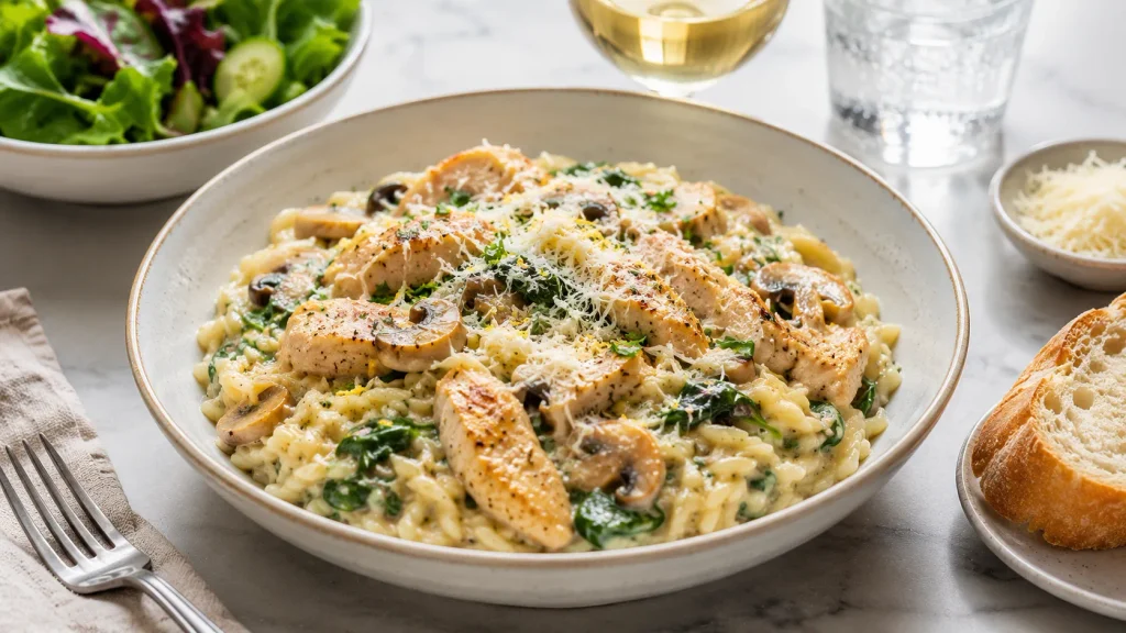 Mary Berry Chicken and Orzo Recipe served warm with creamy orzo and chicken
