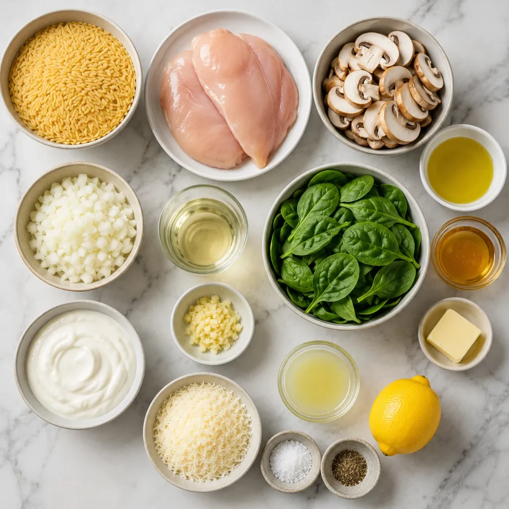 Ingredients for Mary Berry Chicken and Orzo Recipe arranged for cooking