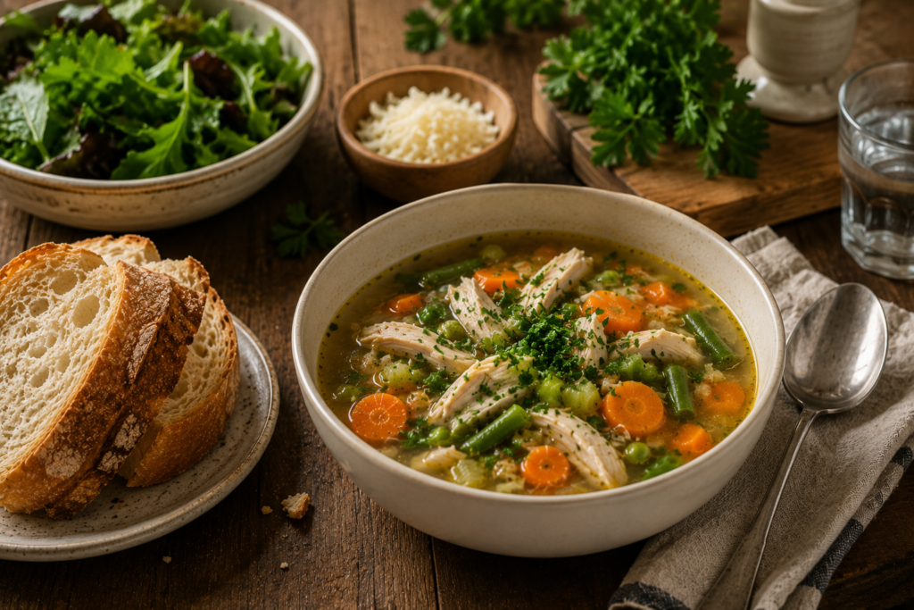 Chicken and vegetable soup with shredded chicken, carrots, peas, green beans, celery and fresh parsley in a golden broth.