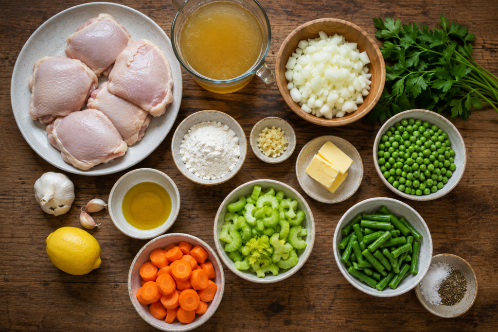 Chicken thighs, carrots, celery, onion, garlic, green beans, peas, chicken stock, flour, butter, olive oil, lemon and parsley arranged on a wooden counter.