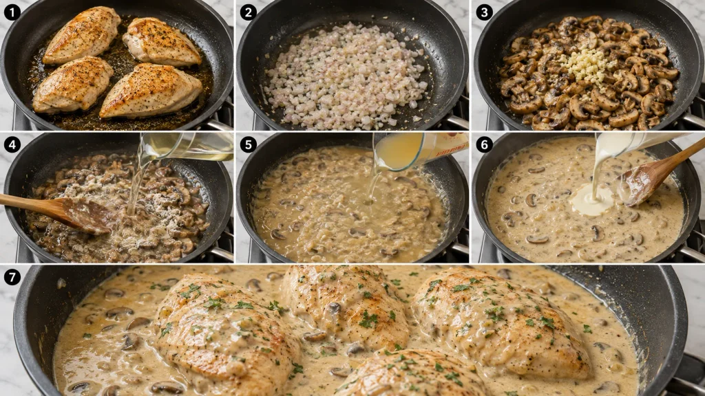 Step-by-step preparation of Mary Berry Chicken in White Wine Sauce with browned chicken and creamy sauce