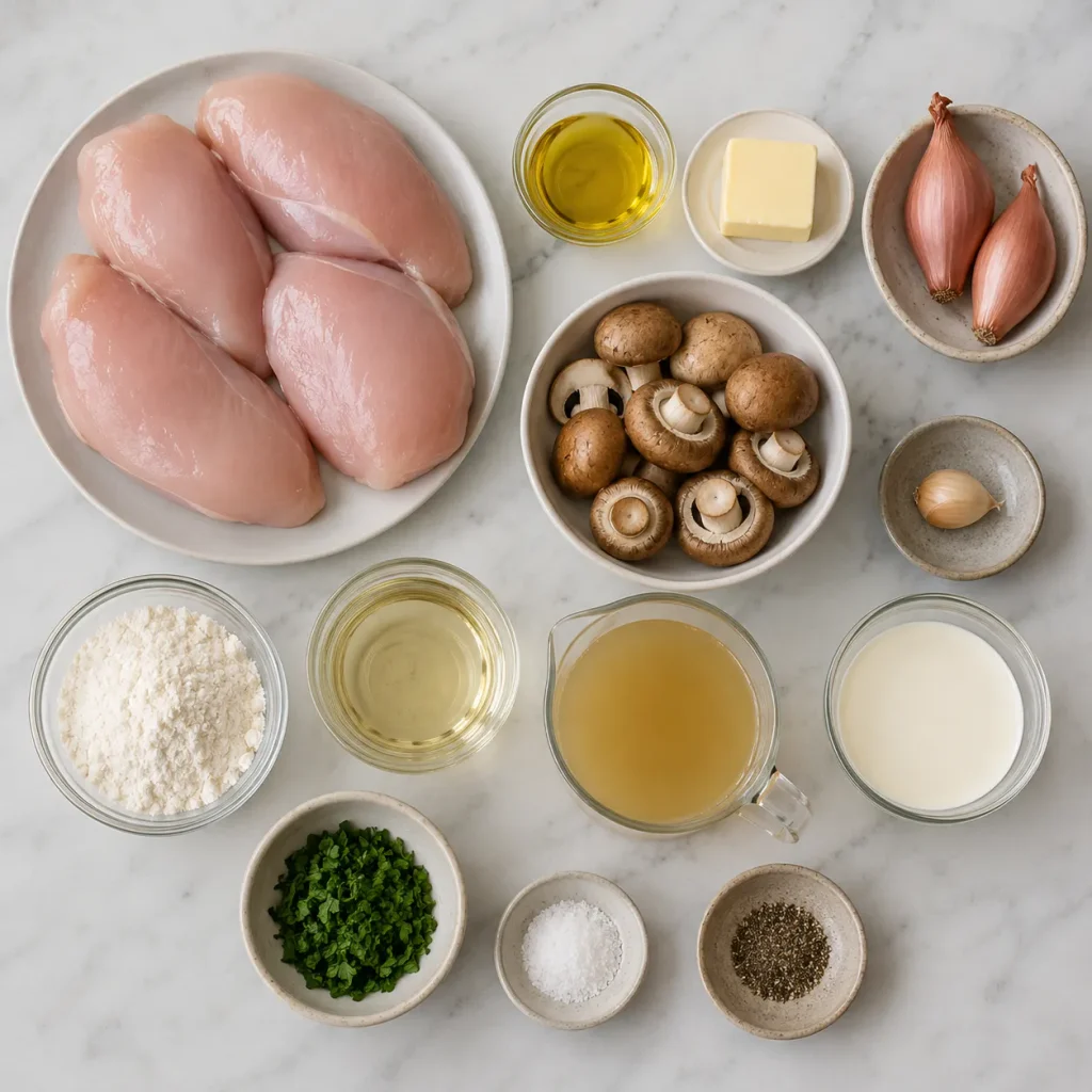 Ingredients for Mary Berry Chicken in White Wine Sauce including chicken, mushrooms, shallots, garlic, wine, stock, and cream