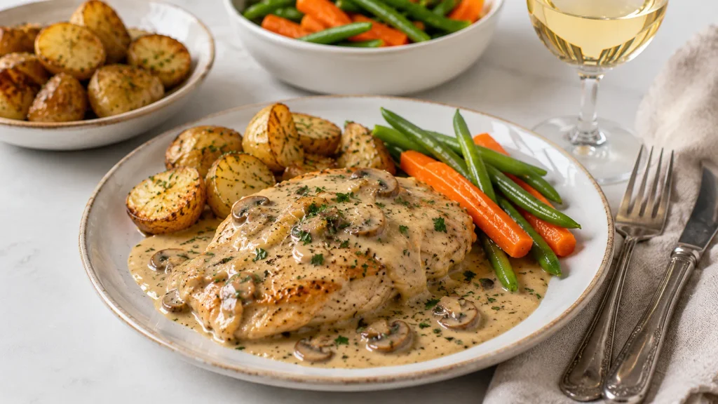 Mary Berry Chicken in White Wine Sauce served hot with fresh parsley and side dishes