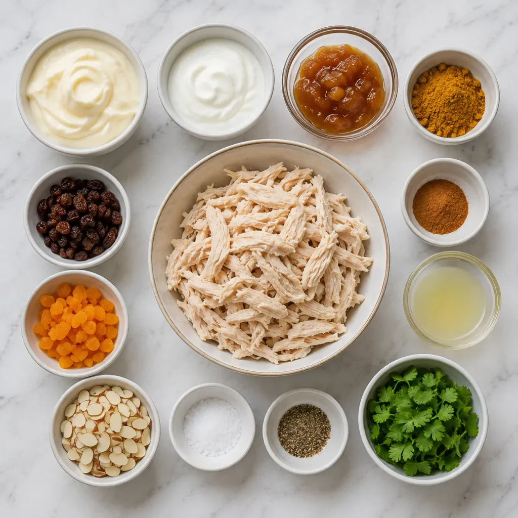 Ingredients for Mary Berry Coronation Chicken Recipe arranged in a flat lay
