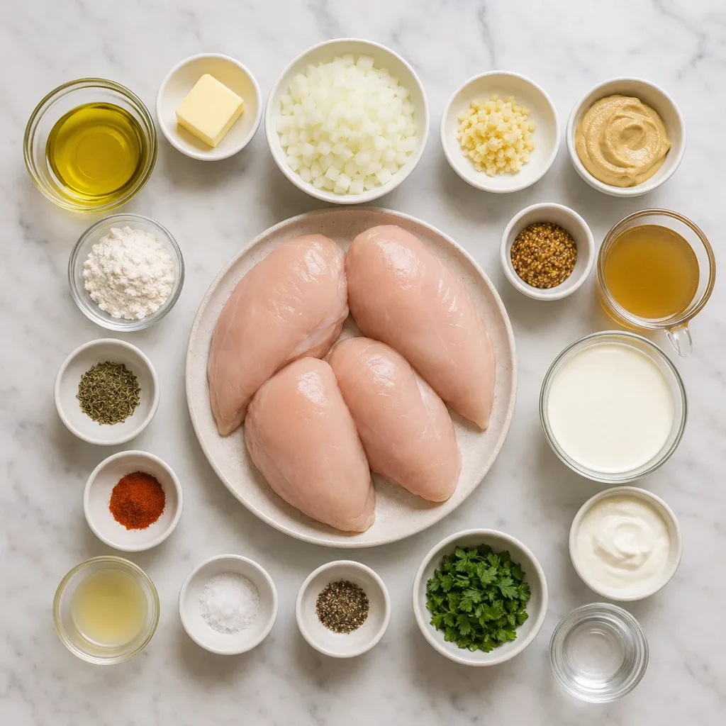 Ingredients for Mary Berry Dijon Chicken arranged in a flat lay with chicken breasts, mustard, cream, herbs, and seasonings